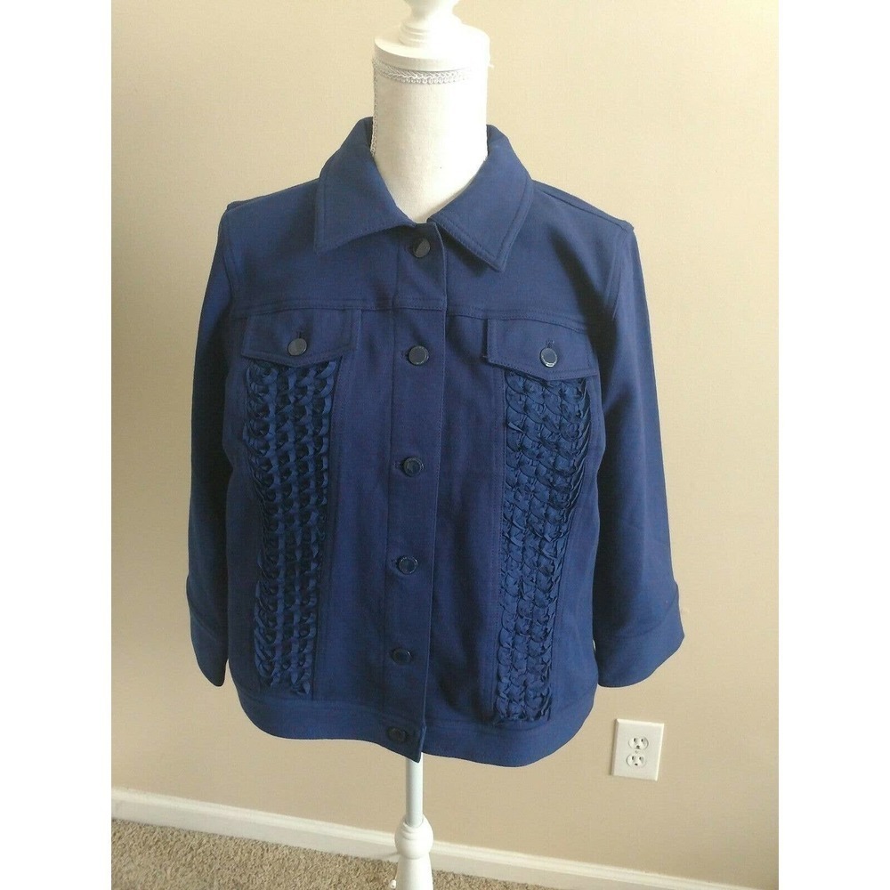 ISAAC MIZRAHI Women's M Button front Blue Jacket 3/4 Sleeves